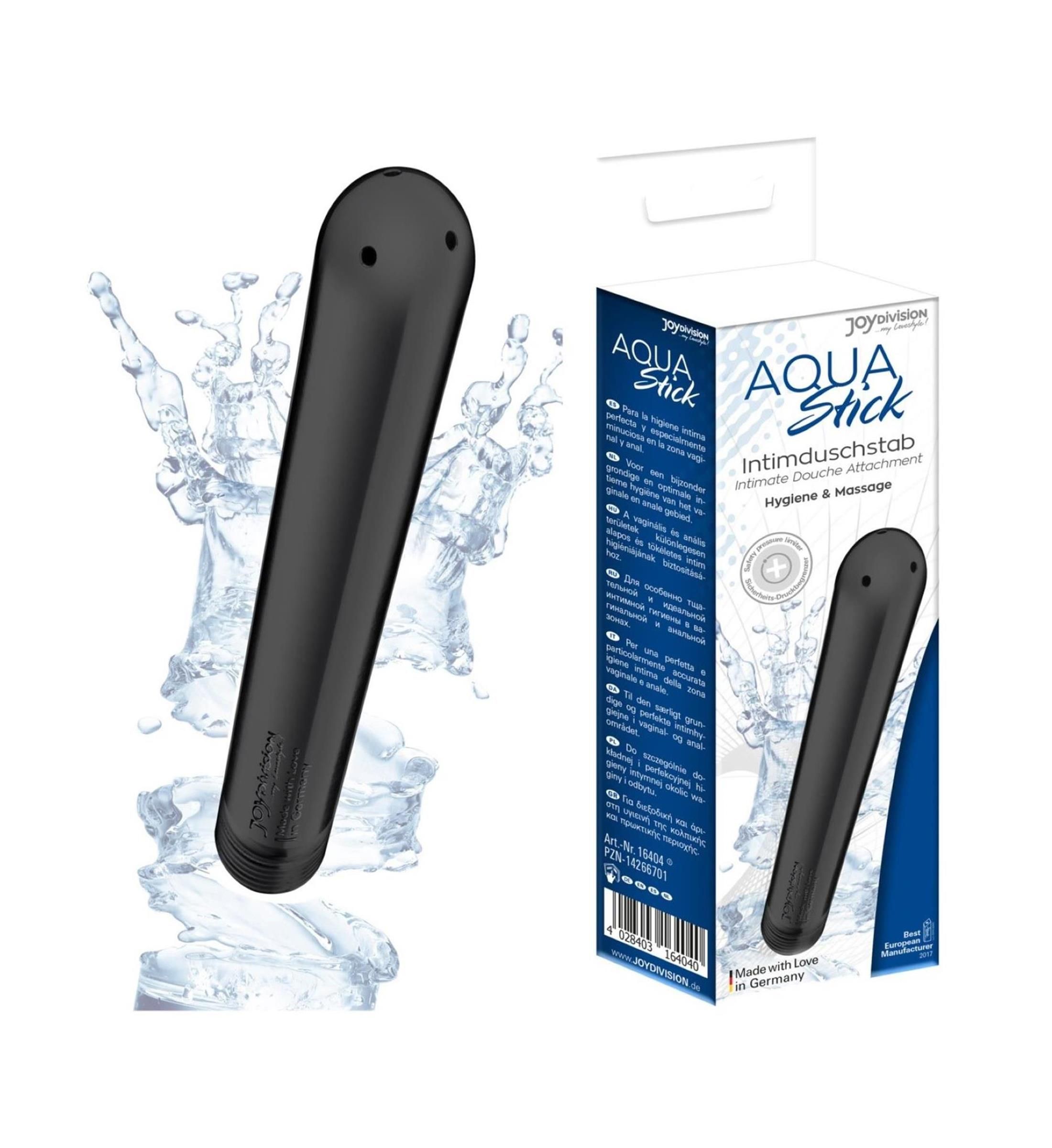 Schwarzer Intimduschstab. Aufdruck "JOYDIVISION". In Verpackung mit Produktabbildung und Text. Wasser spritzt.