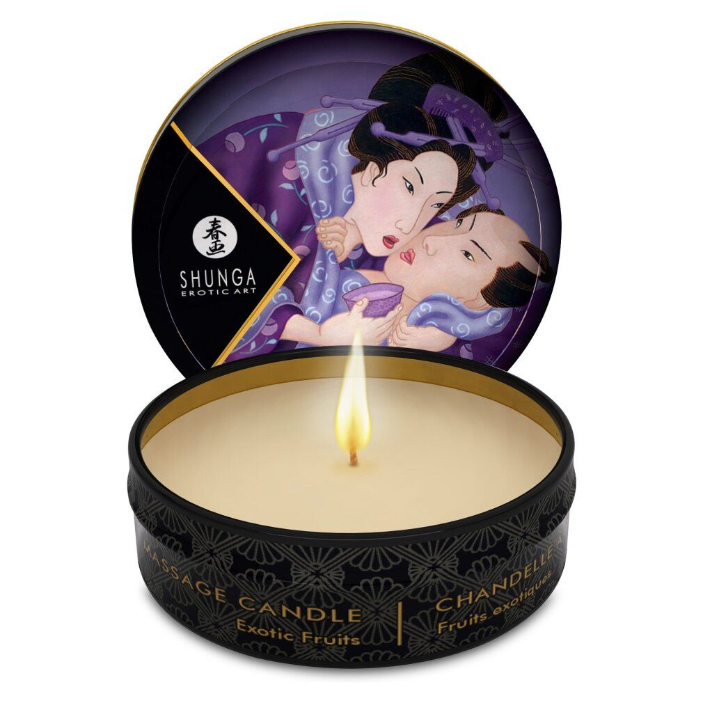 Shunga Massagekerze Libido/Exotic Fruits in schwarzer Dose, mit brennender Flamme. Deckel zeigt erotische Kunst.