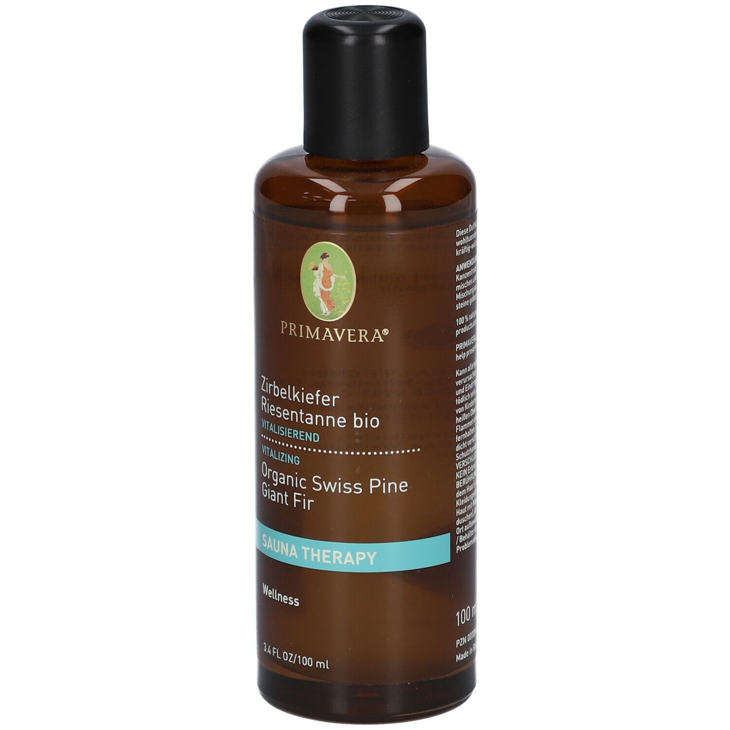 Braune Glasflasche mit schwarzem Deckel. Beschriftung: PRIMAVERA, Zirbelkiefer Riesentanne bio, Organic Swiss Pine Giant Fir, Sauna Therapy, 100 ml.