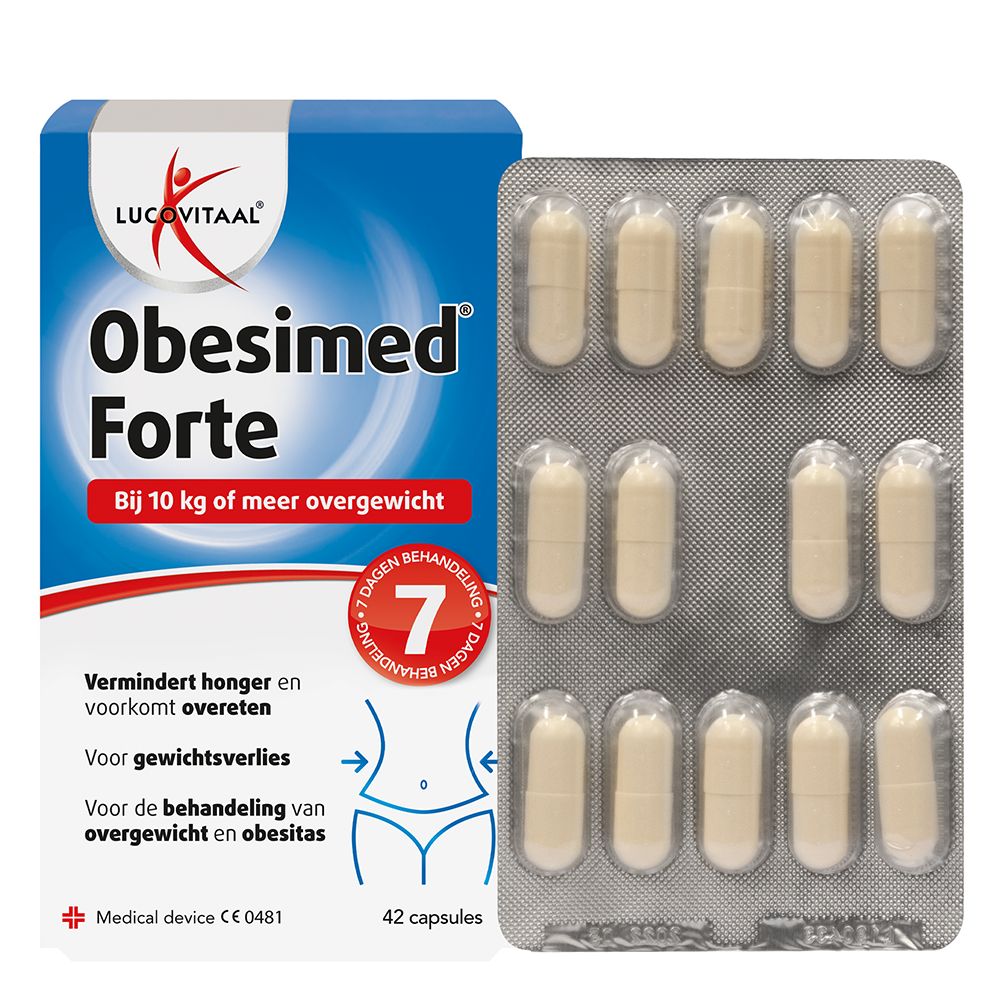 Obesimed Forte Packung mit Blisterpackung. Blaue Schachtel mit Produktnamen und Angaben. Blister mit Kapseln.