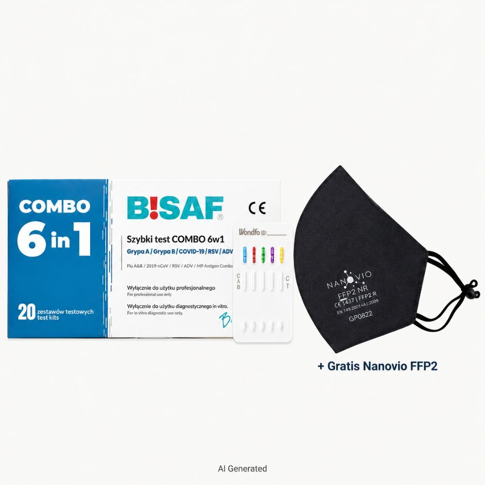 BISAF COMBO 6in1: SARS-CoV-2, Flu A/B, RSV, Adenovirus, Mycoplasma – 20 Tests + Gratis Nanovio FFP2