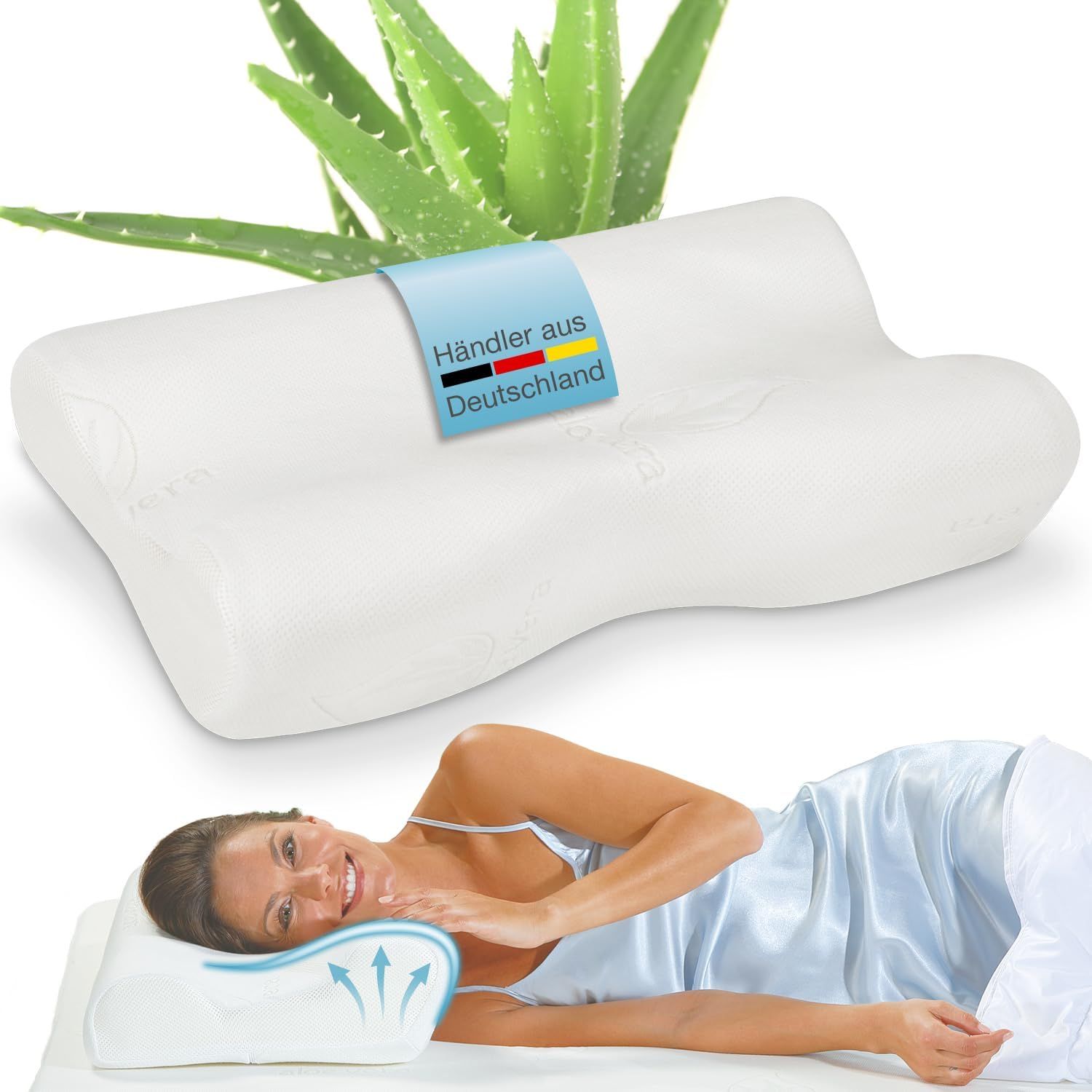 ELONEO 2x Seitenschläferkissen mit Aloe Vera 3D Bezug, Hausstauballergiker geeignet