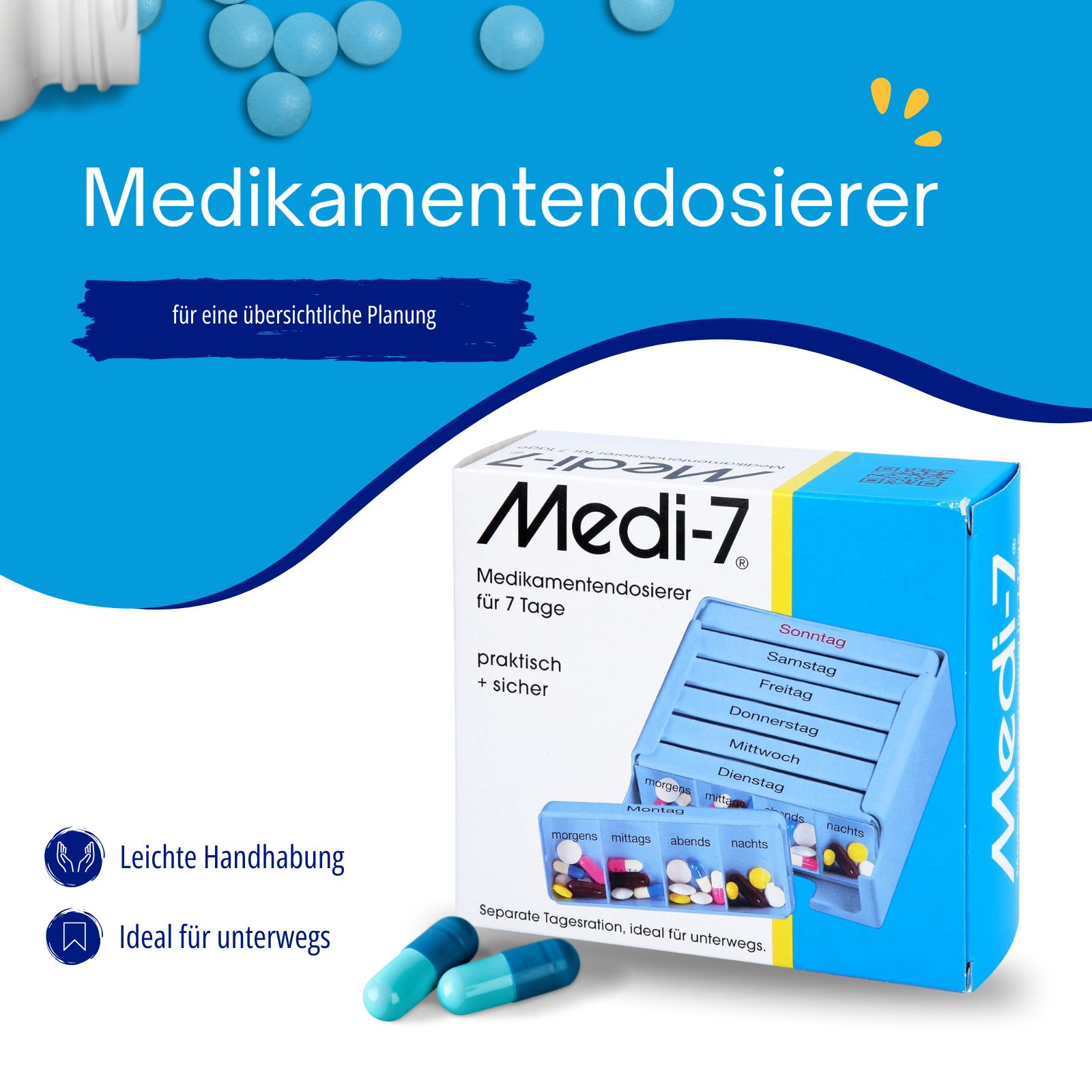 Medi-7 Medikamentendosierer. Blaue Box mit separaten Tagesfächern. Aufschrift: "Medi-7 Medikamentendosierer für 7 Tage".