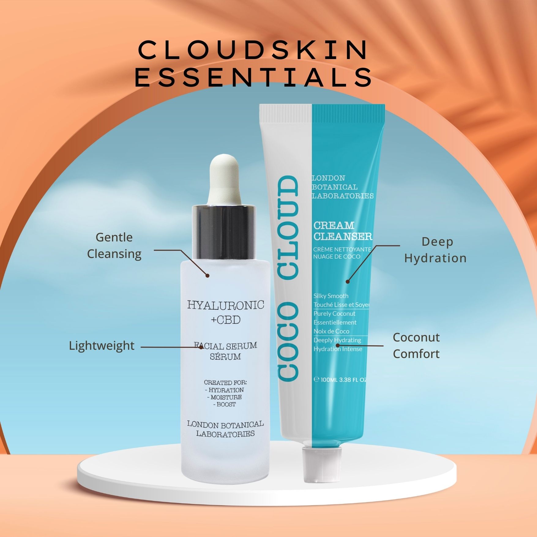 Serumflasche und Reinigungscreme auf Podest. Aufschrift: Coco Cloud, Hyaluronsäure + CBD, Cream Cleanser. Hintergrund mit Text.