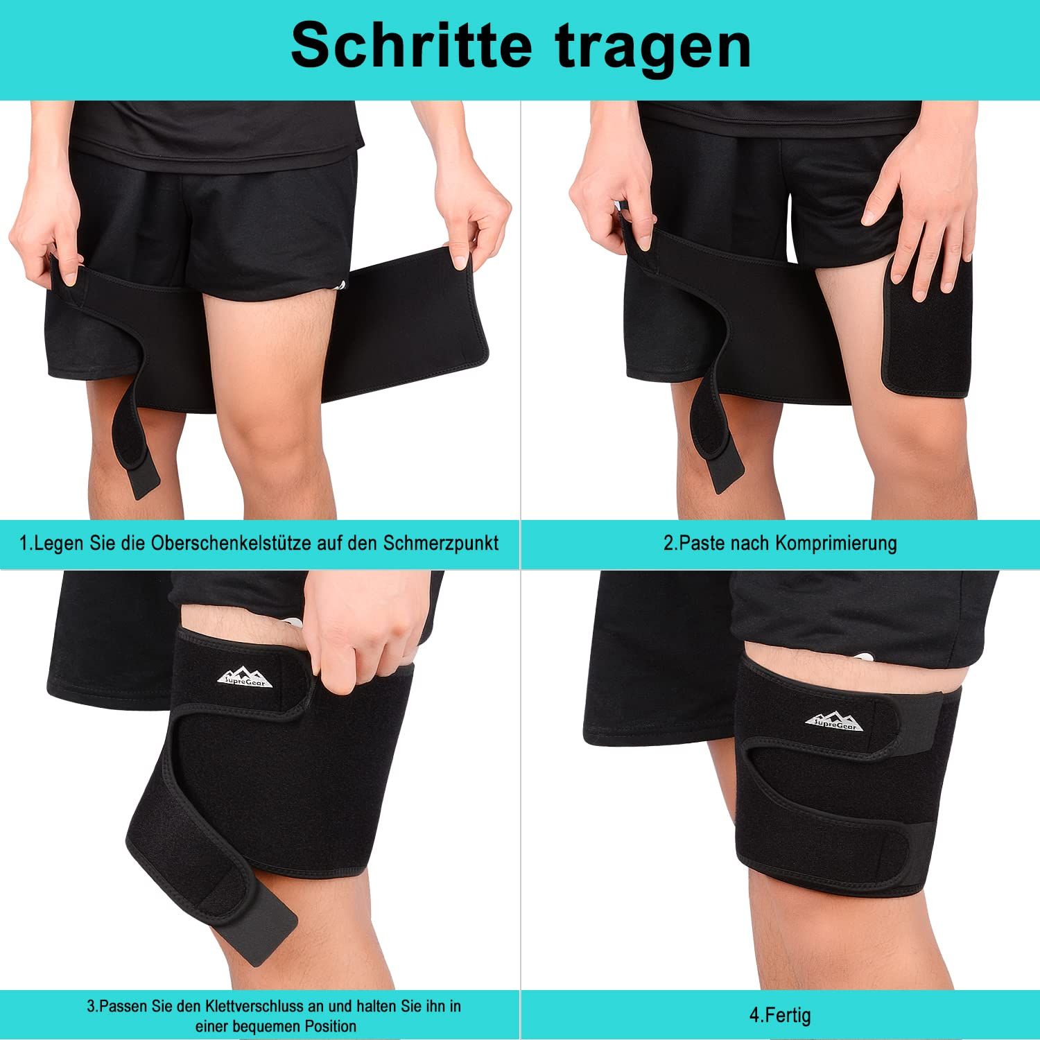 Schwarze Oberschenkelbandage mit Klettverschluss und Berglogo.