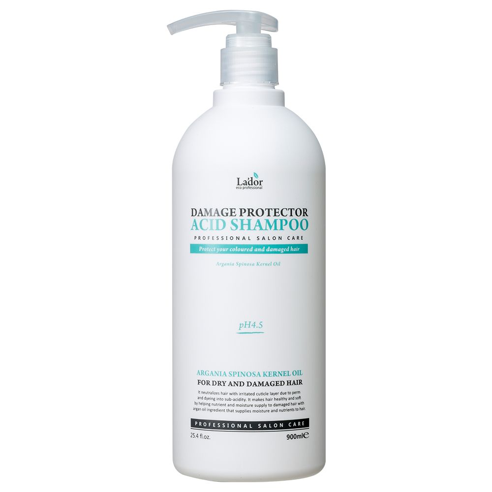 Weiße Flasche mit Pumpverschluss. Aufschrift: Damage Protector Acid Shampoo. Text: Für trockenes und geschädigtes Haar.