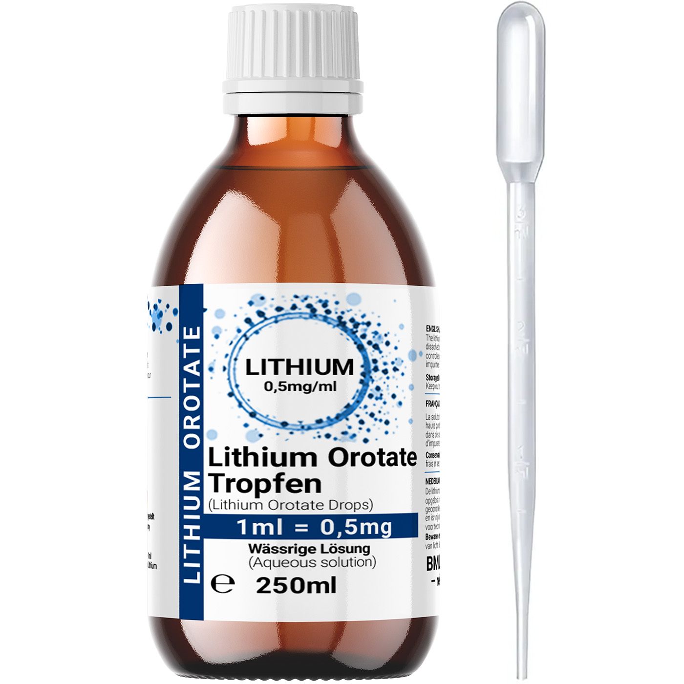 Braunglasflasche mit weißem Deckel und Etikett. Enthält Lithium Orotate Tropfen. Eine Pipette liegt daneben.