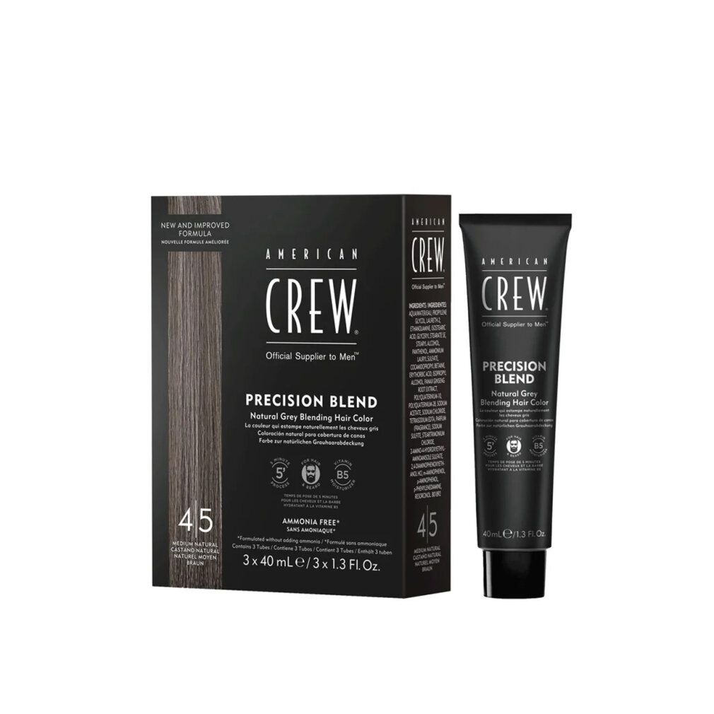 American Crew Precision Blend 4 5. Schachtel und Tube. Schwarze Verpackung mit Produktnamen und Details. Tube mit Produktnamen.