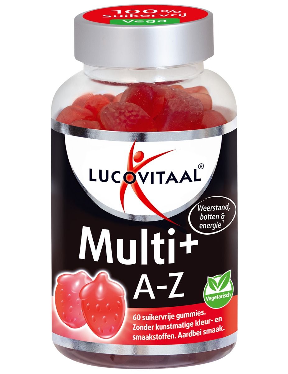 Flasche Lucovitaal Multi+ A-Z Gummis, zuckerfrei, vegetarisch, mit Erdbeerabbildung.