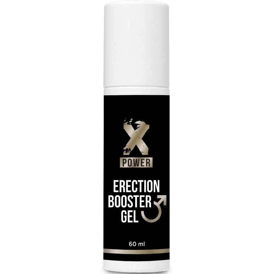 Schwarze Flasche mit weißem Deckel. Aufschrift: Xpower, Erection Booster Gel. Unten: 60 ml.