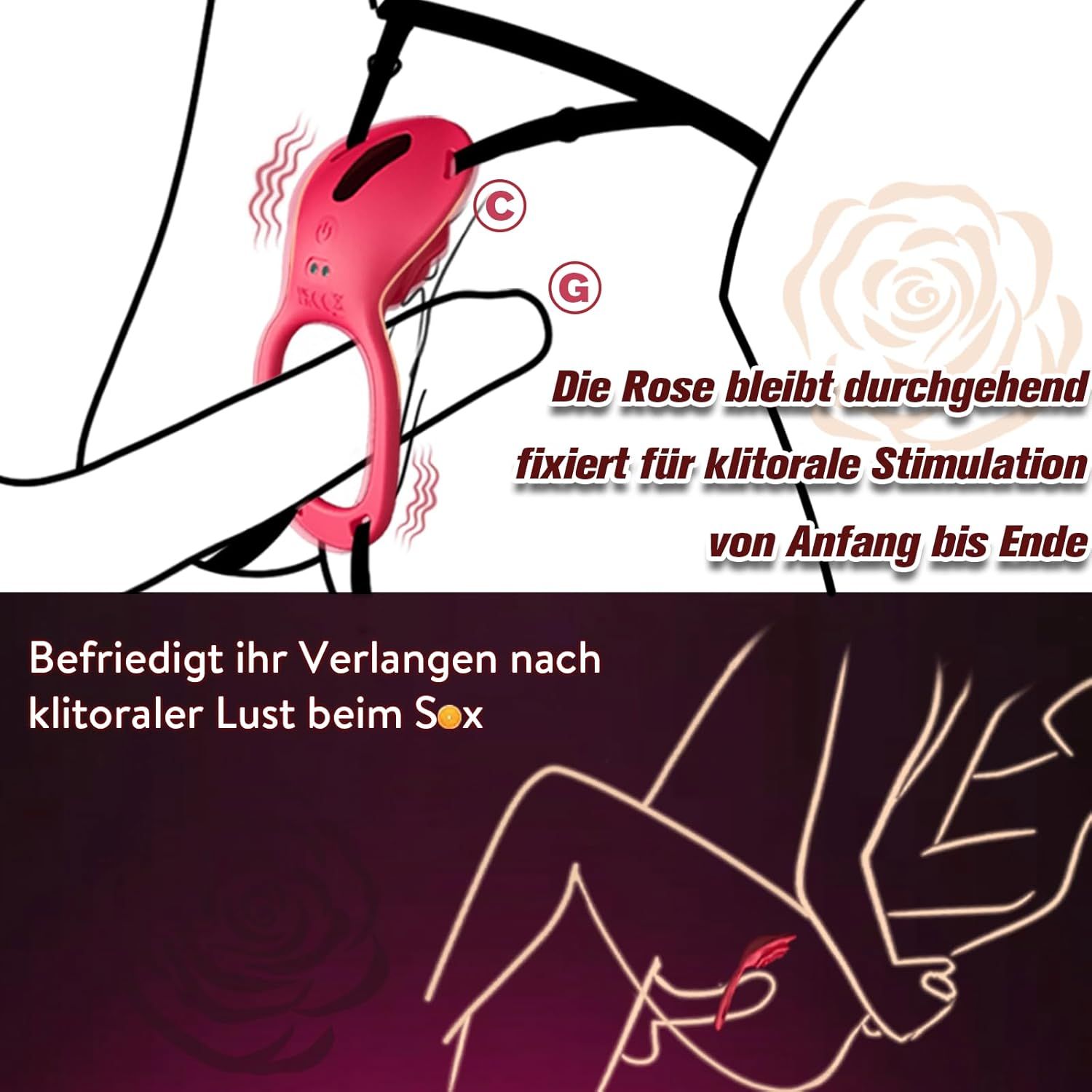 Rosa Penisring-Vibrator mit Text: Die Rose bleibt fixiert für klitorale Stimulation. Befriedigt ihr Verlangen nach klitoraler Lust.