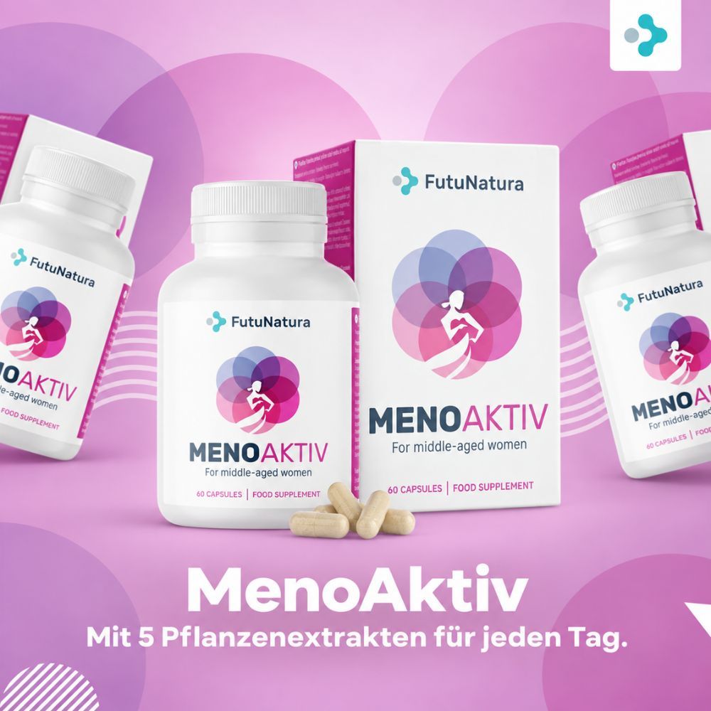 FutuNatura MenoAktiv: Mehrere Flaschen und Kartons, 5 Pflanzenextrakte.