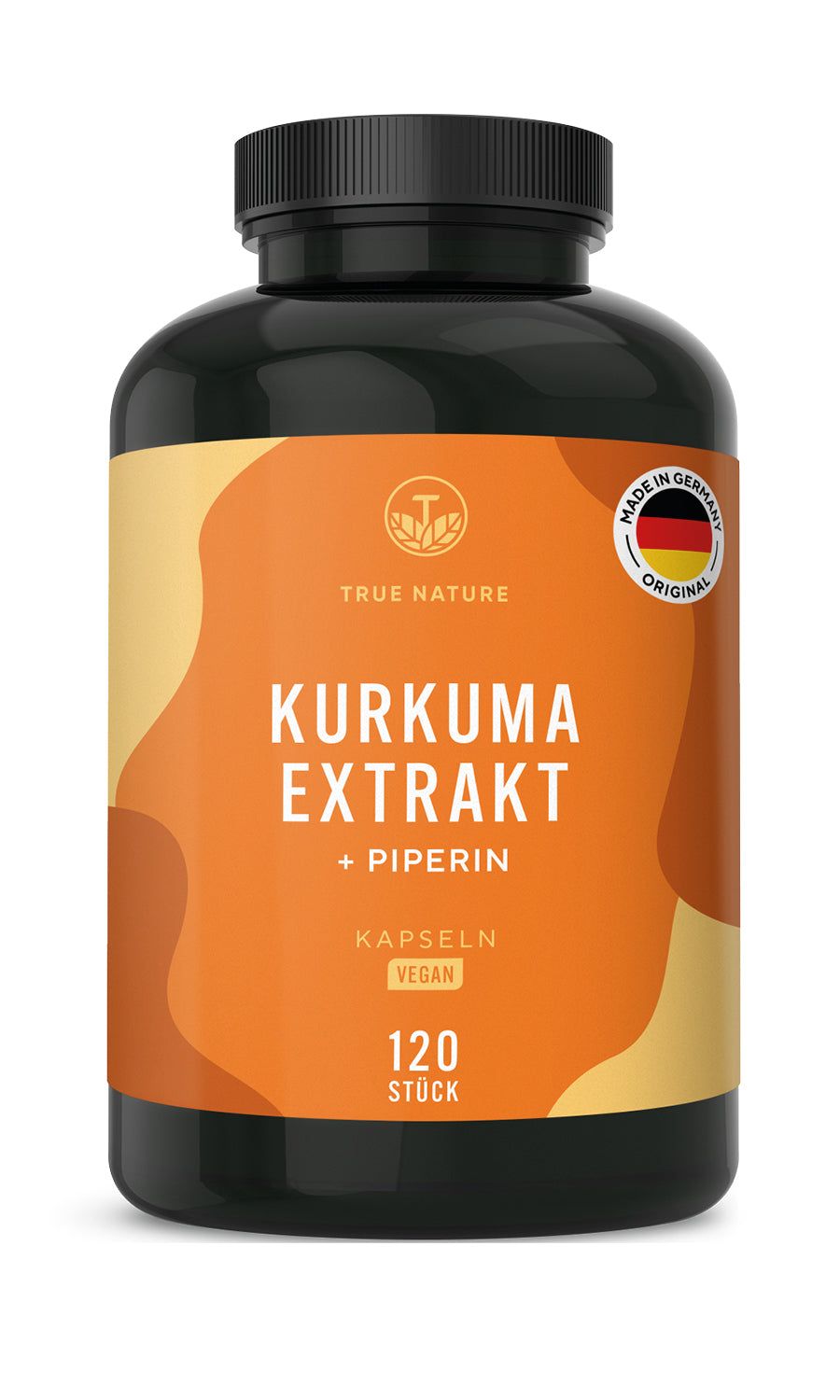 Braune Flasche mit Kurkuma Extrakt Kapseln. Aufschrift: TRUE NATURE, KURKUMA EXTRAKT + PIPERIN, 120 Stück, Vegan. Siegel: Made in Germany.