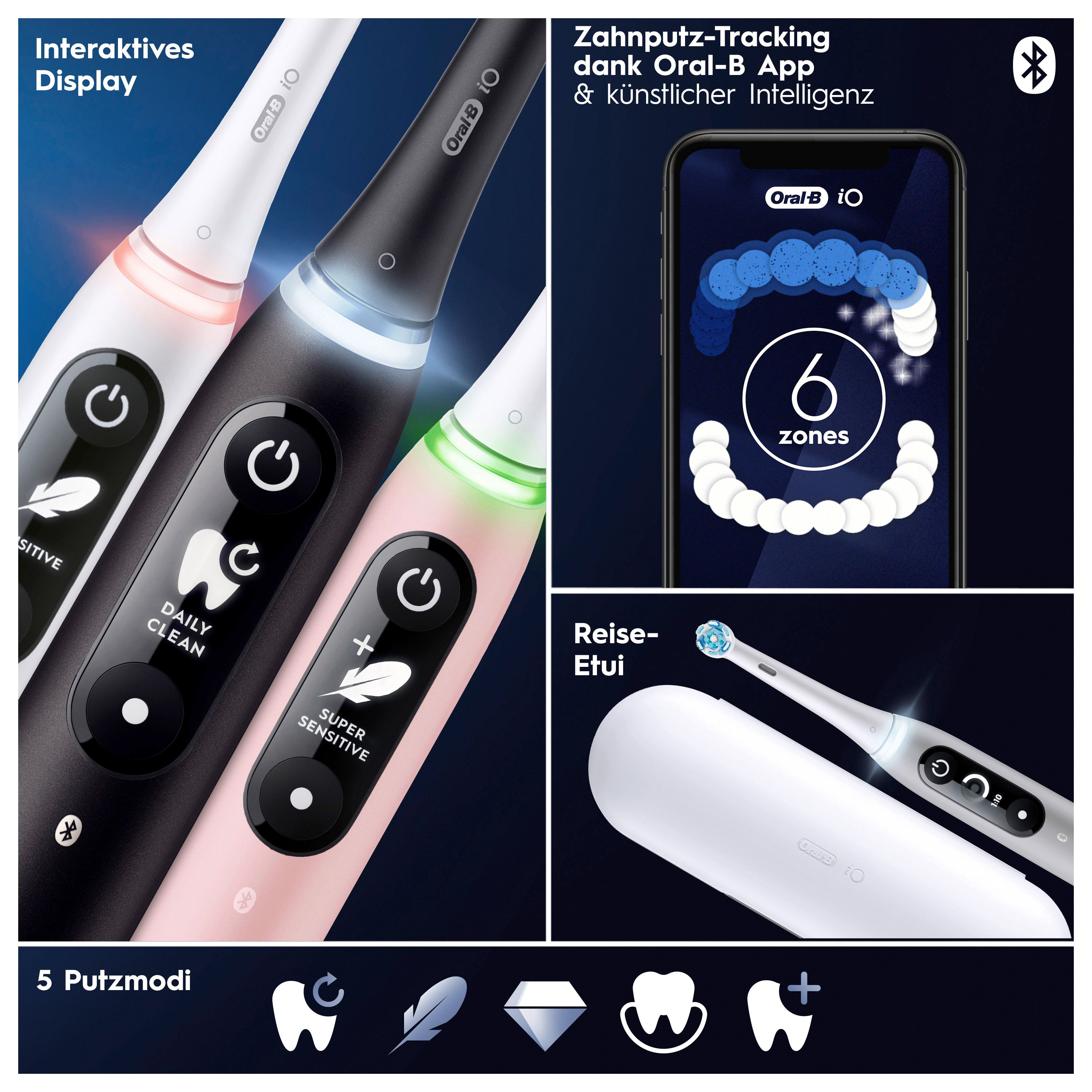 Drei elektrische Zahnbürsten: Weiß, Schwarz, Pink. Interaktives Display, Putzmodi, App-Integration.