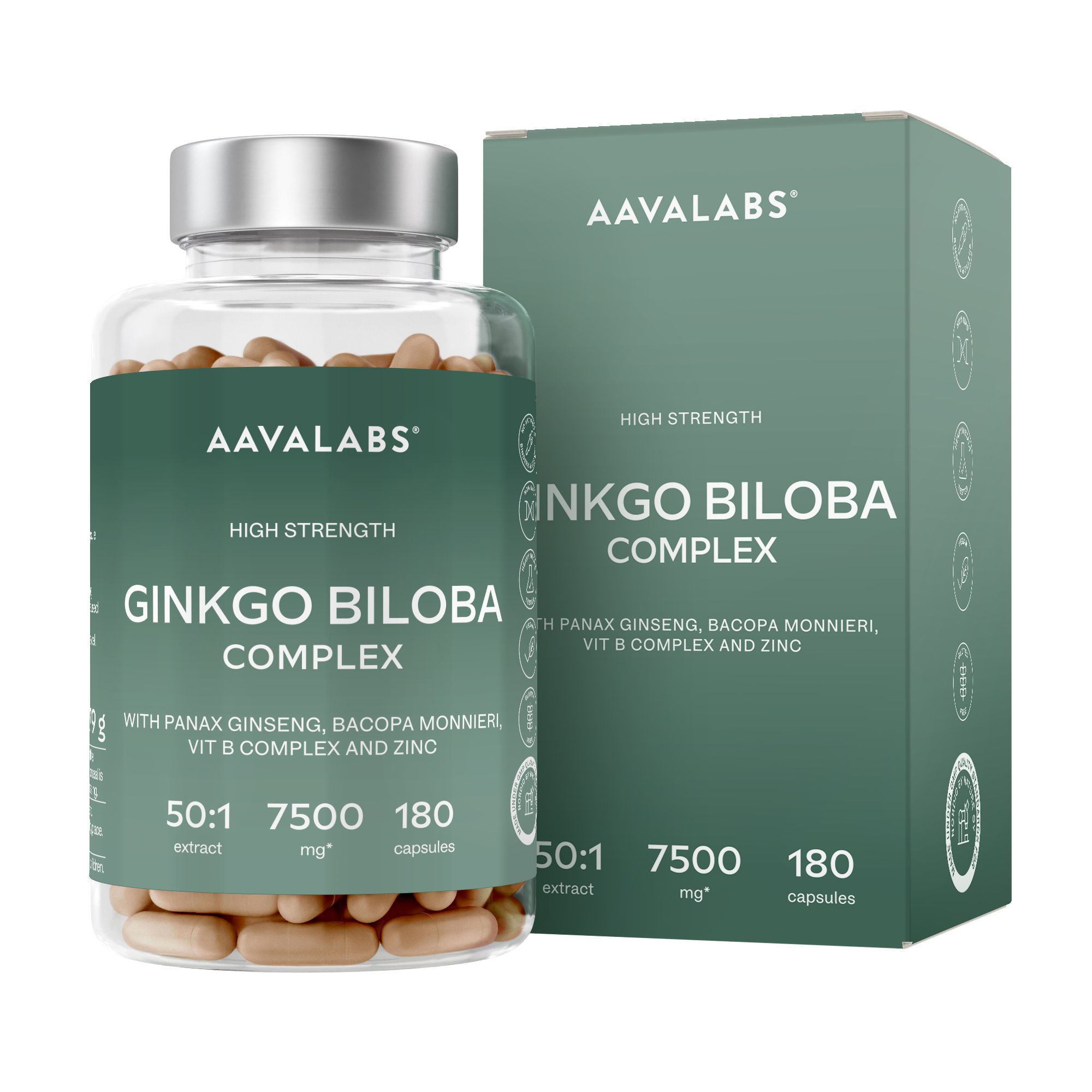 Flasche und Schachtel. Aufschrift: Aavalabs Ginkgo Biloba Complex. Enthält Bacopa, Ginseng & Vitamin B. 180 Kapseln.