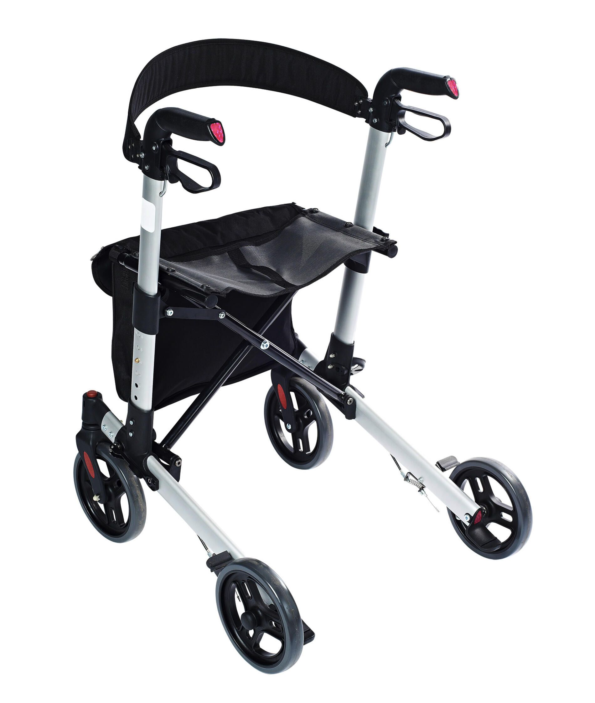 Rollator mit Sitz, Rückenlehne und Einkaufstasche. Silbernes Gestell, schwarze Räder und Sitzfläche.