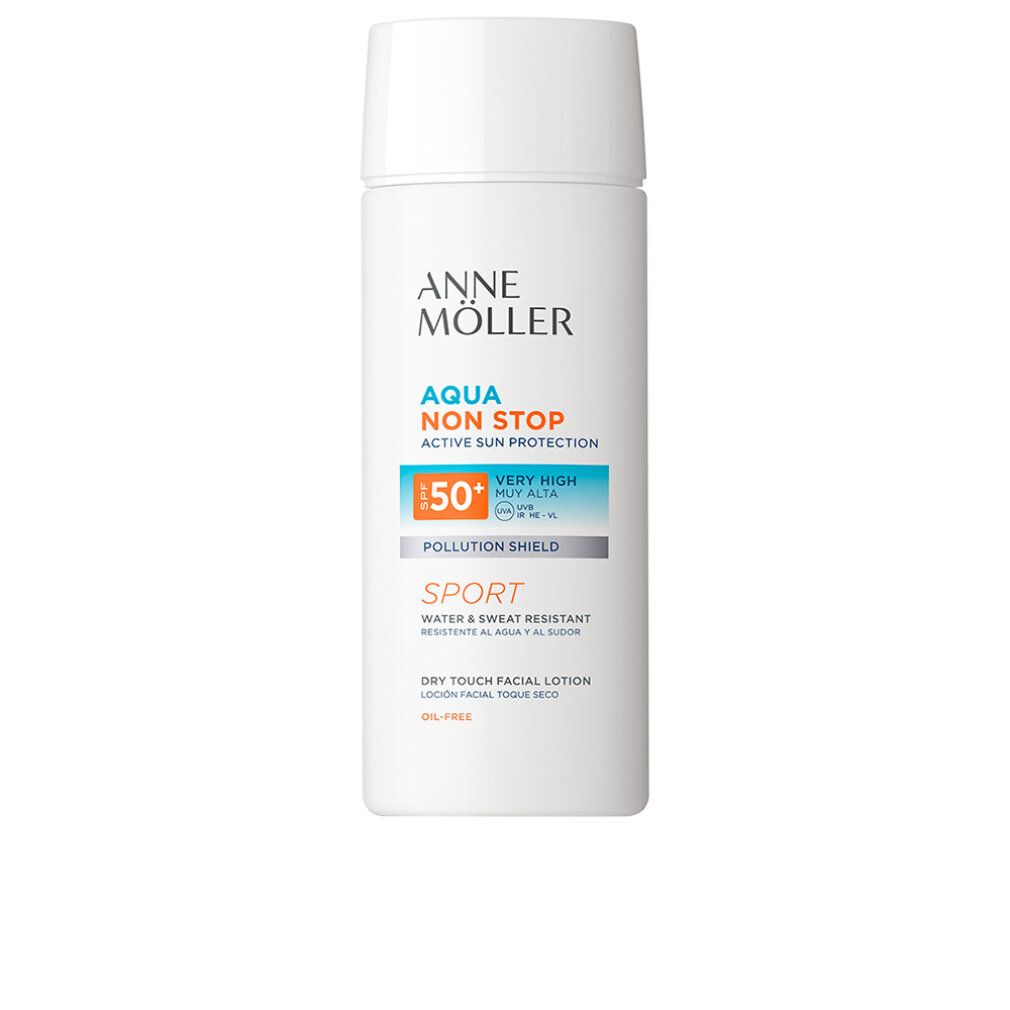 Weiße Flasche mit Produktnamen und SPF50-Kennzeichnung. Text: Aqua Non Stop, Sport, Dry Touch Facial Lotion.