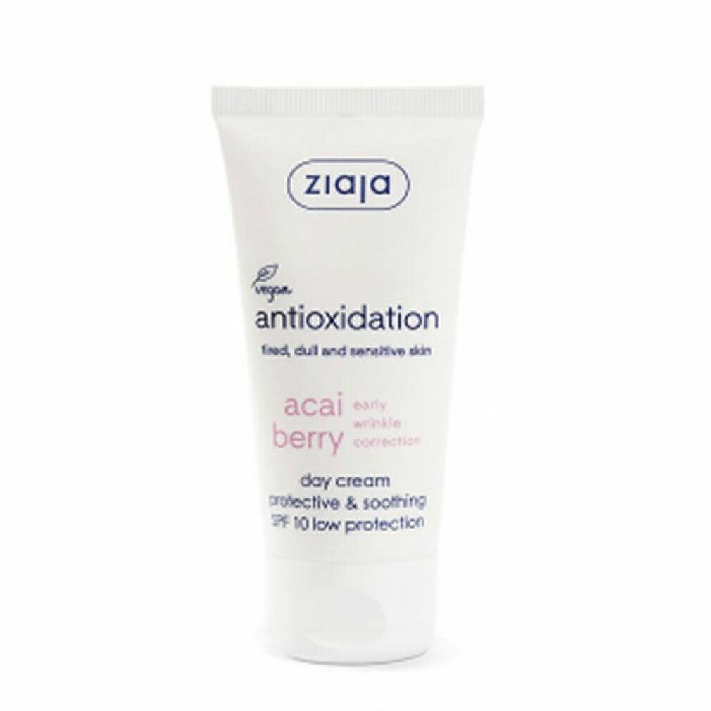 Weiße Tube mit Ziaja-Logo und Text: antioxidative Tagescreme mit Acai-Beere, SPF 10. Für müde, fahle und empfindliche Haut.