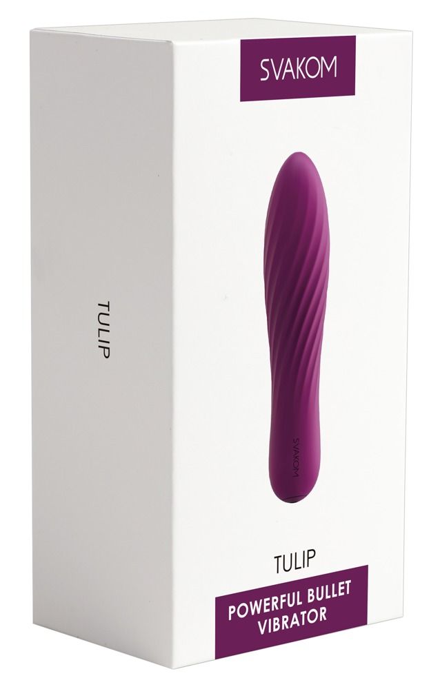 Verpackung für SVAKOM Tulip. Auf der Verpackung steht 'TULIP' und 'Powerful Bullet Vibrator'.