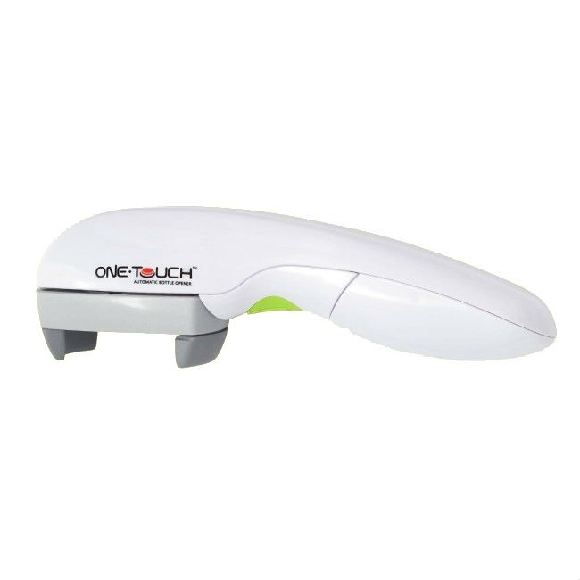 Weißer, automatischer Flaschenöffner. Graue und grüne Akzente. Text: ONE-TOUCH AUTOMATIC BOTTLE OPENER.