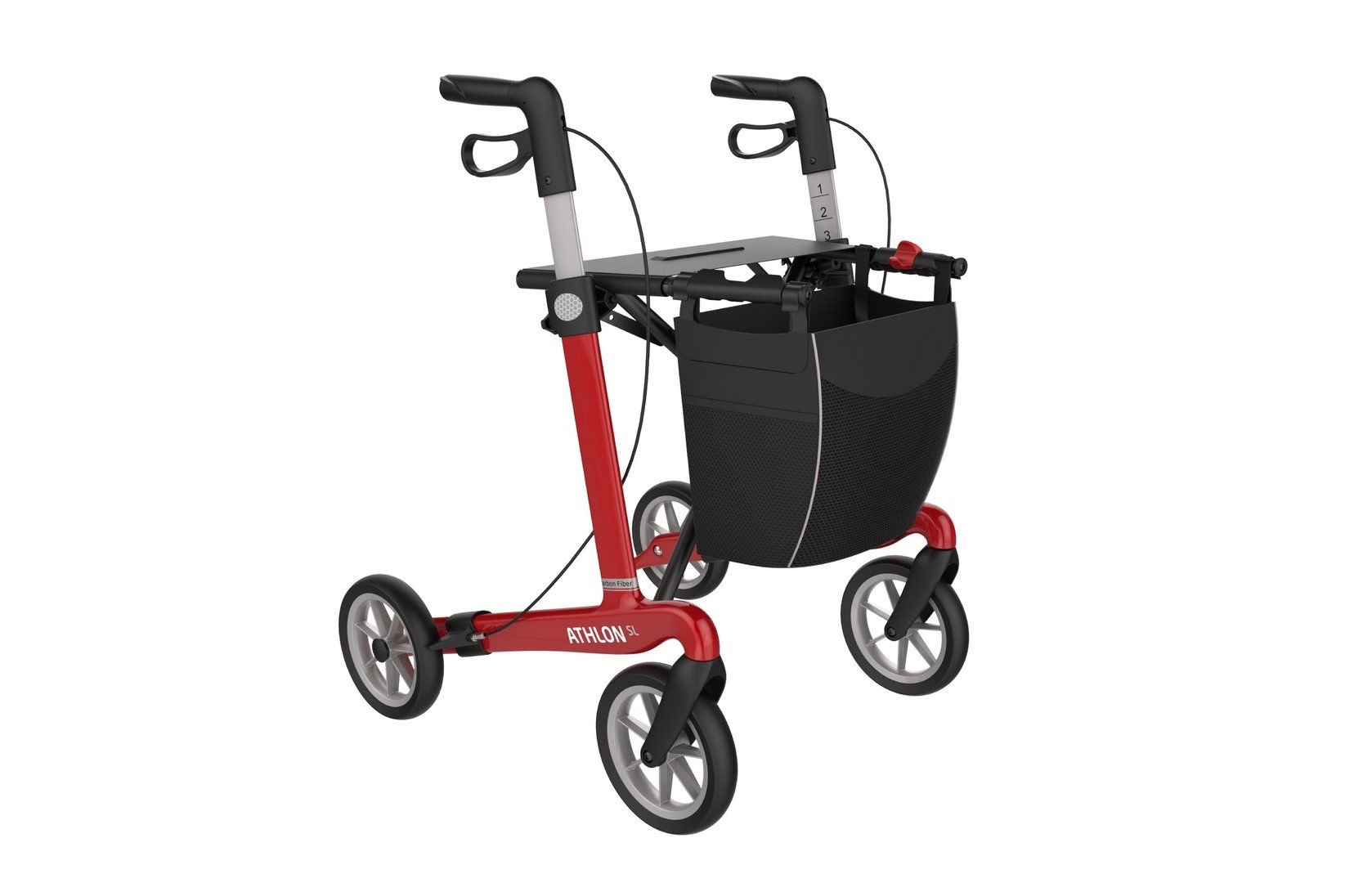 Roter Rollator mit schwarzem Korb und Softbereifung. Vier Räder, Handgriffe und Bremsen.