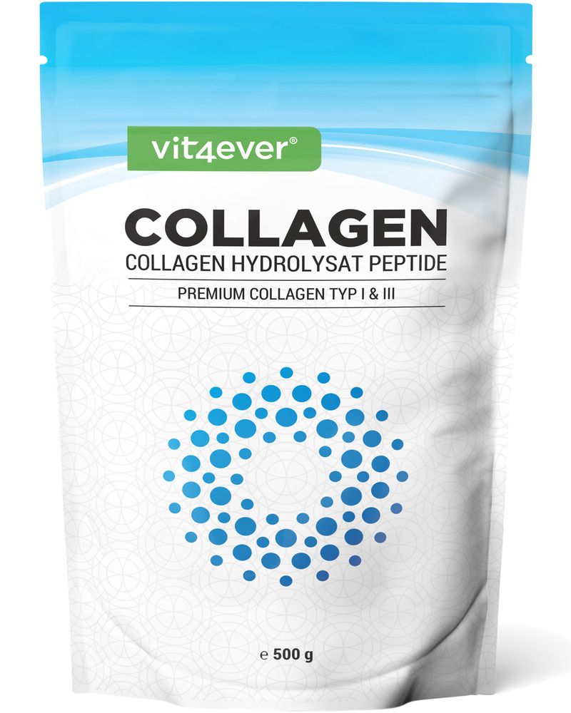 Beutel mit Kollagen Pulver. Aufschrift: vit4ever, Collagen, Premium Collagen Typ I & III. 500g.  Blau-weiße Verpackung.