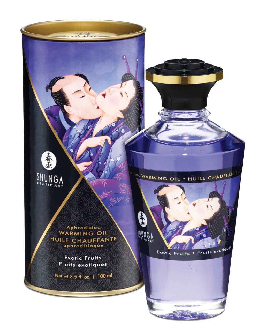 Flasche und Dose mit Shunga Massageöl. Abbildung eines küssenden Paares. Aufschrift: Exotic Fruits, aphrodisiac.