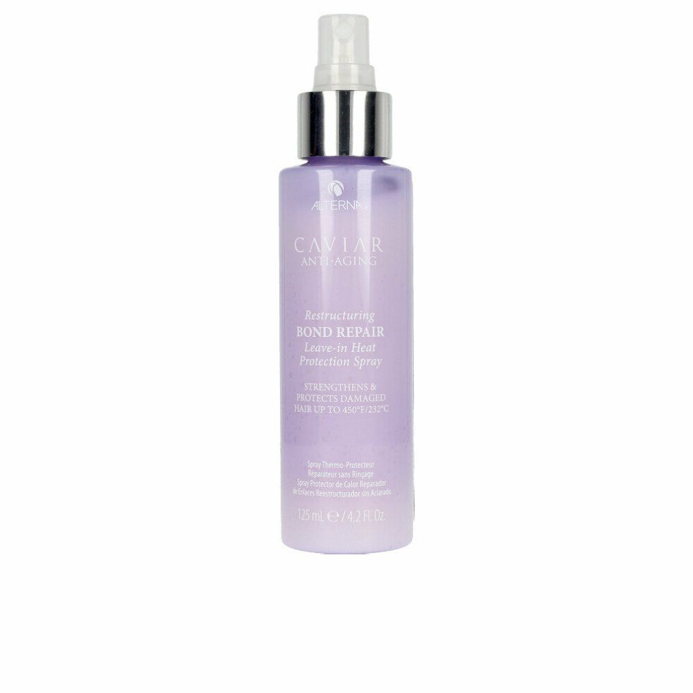 Lila Flasche mit Sprühkopf. Beschriftung: Caviar Anti-Aging, Restructuring Bond Repair Leave-in Heat Protection Spray. 125 ml.