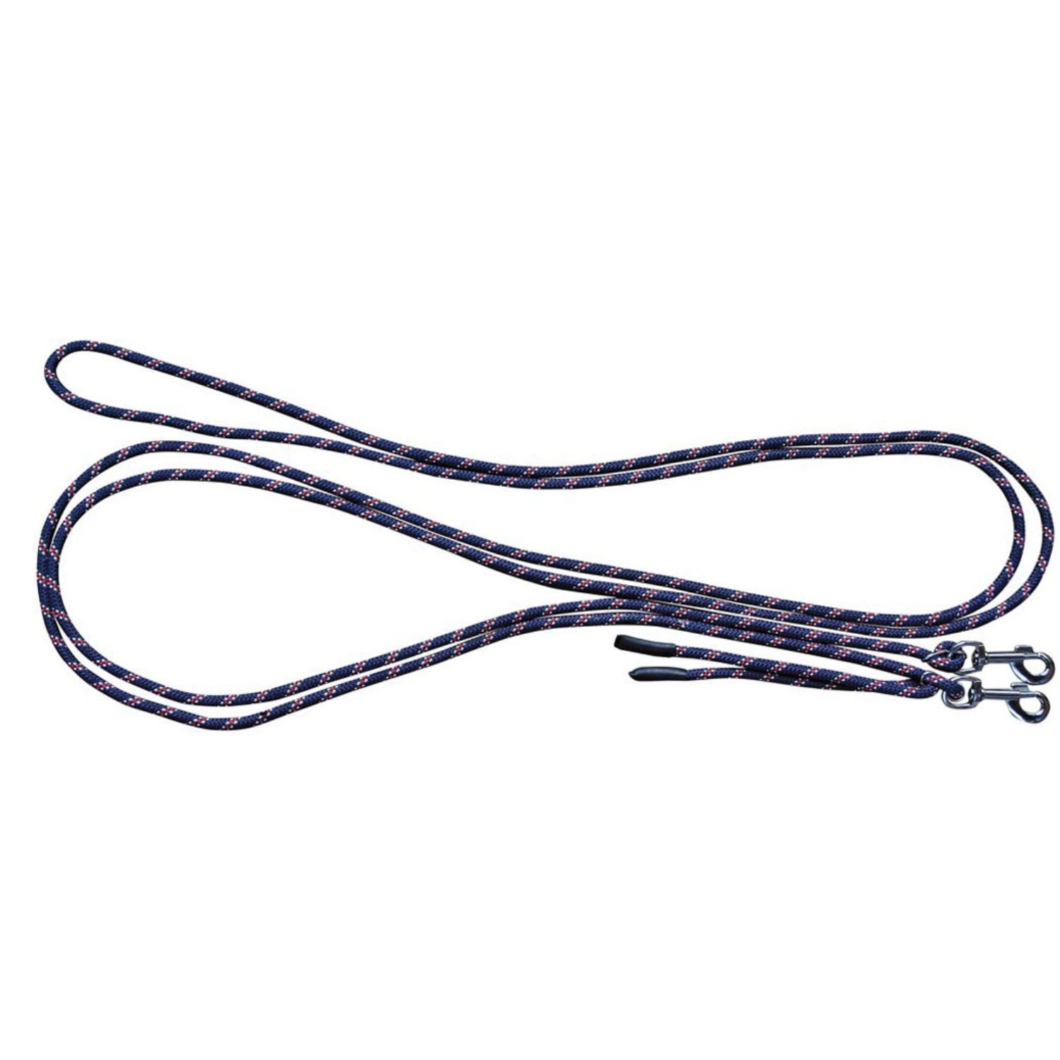 Dunkelblaues Seil mit zwei Metallkarabinern an den Enden. Das Seil ist geflochten und hat einen Griff.