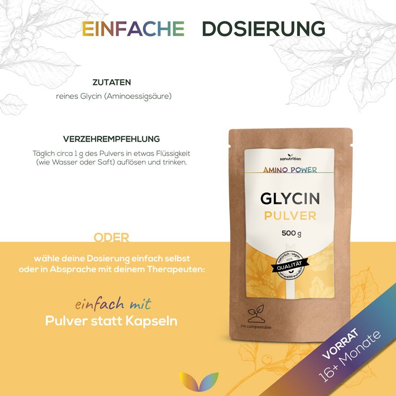 Braune Papiertüte mit weißem Etikett. Aufschrift: Glycin Pulver, 500g. Logo: Sanutrition, Amino Power, Qualitätszeichen. Text: Dosierung.