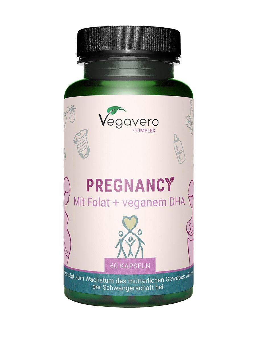Vegavaro Pregnancy Complex. Flasche mit 60 Kapseln. Aufschrift: Pregnancy, Mit Folat + veganem DHA.