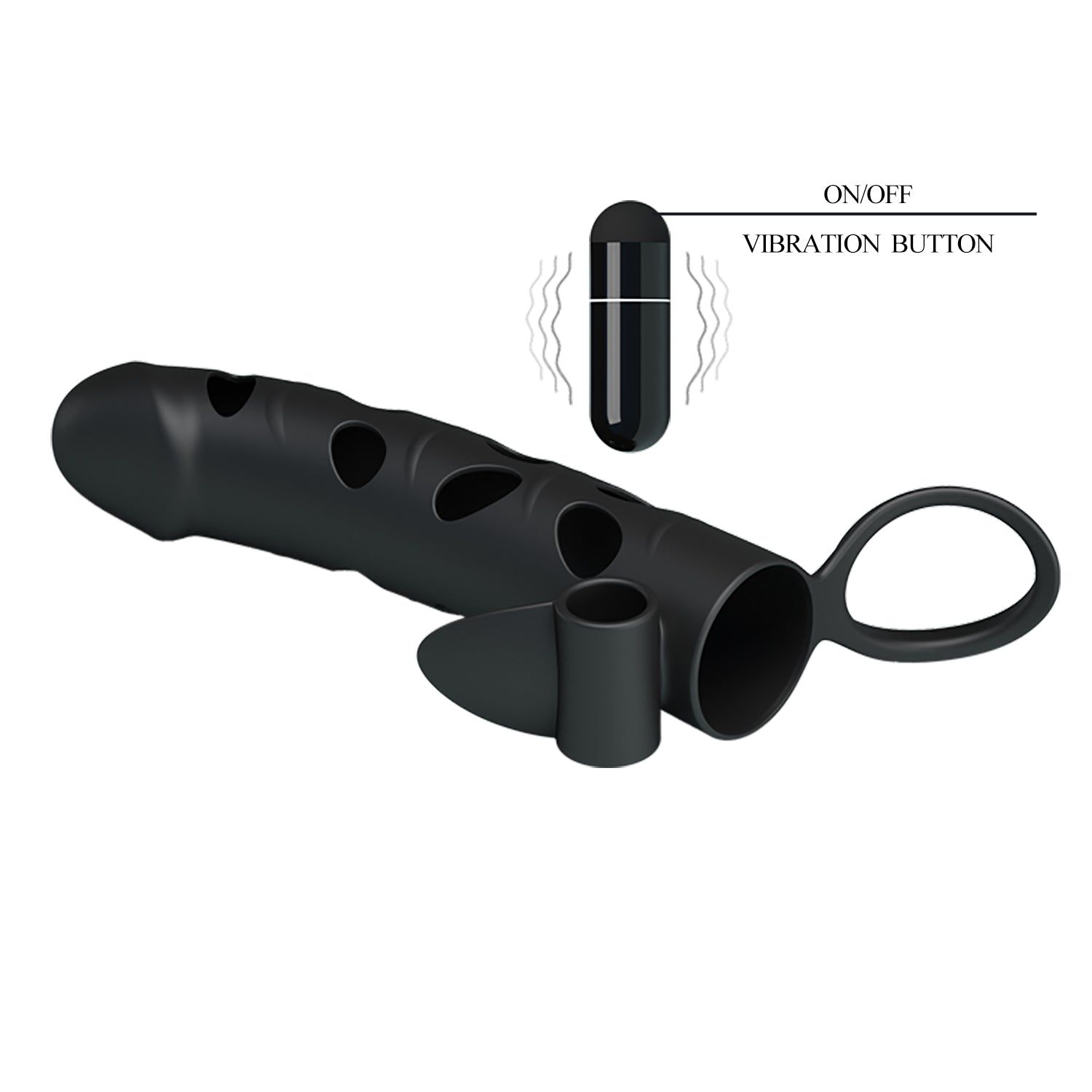 Schwarzes Produkt mit Löchern und Ring. Mit einem separaten Vibrationsknopf.
