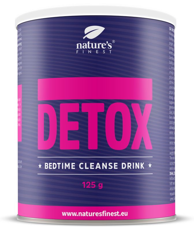 Zylindrische Dose mit "Nature's Finest DETOX BEDTIME CLEANSE DRINK". Rosa Schrift auf blauem Hintergrund. 125 g.