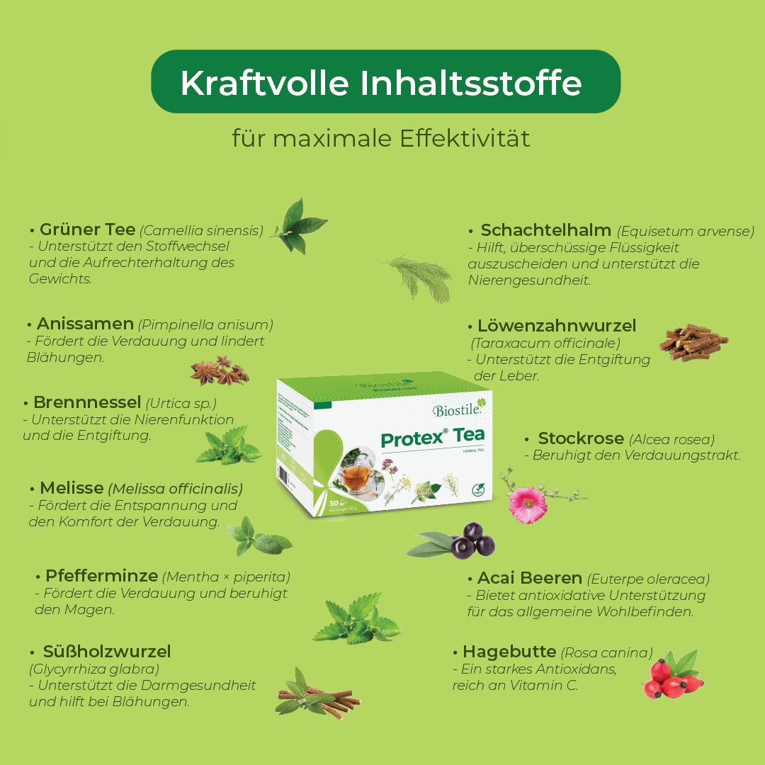 Biostile Protex Tee Verpackung umgeben von Kräutern und Früchten, mit Liste der Inhaltsstoffe.