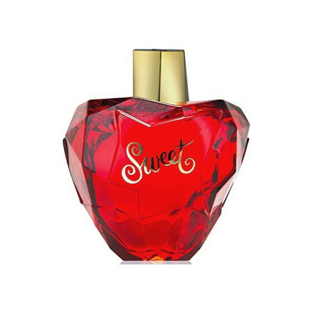 Roter Flakon in Herzform mit goldener Kappe. Aufschrift "Sweet".