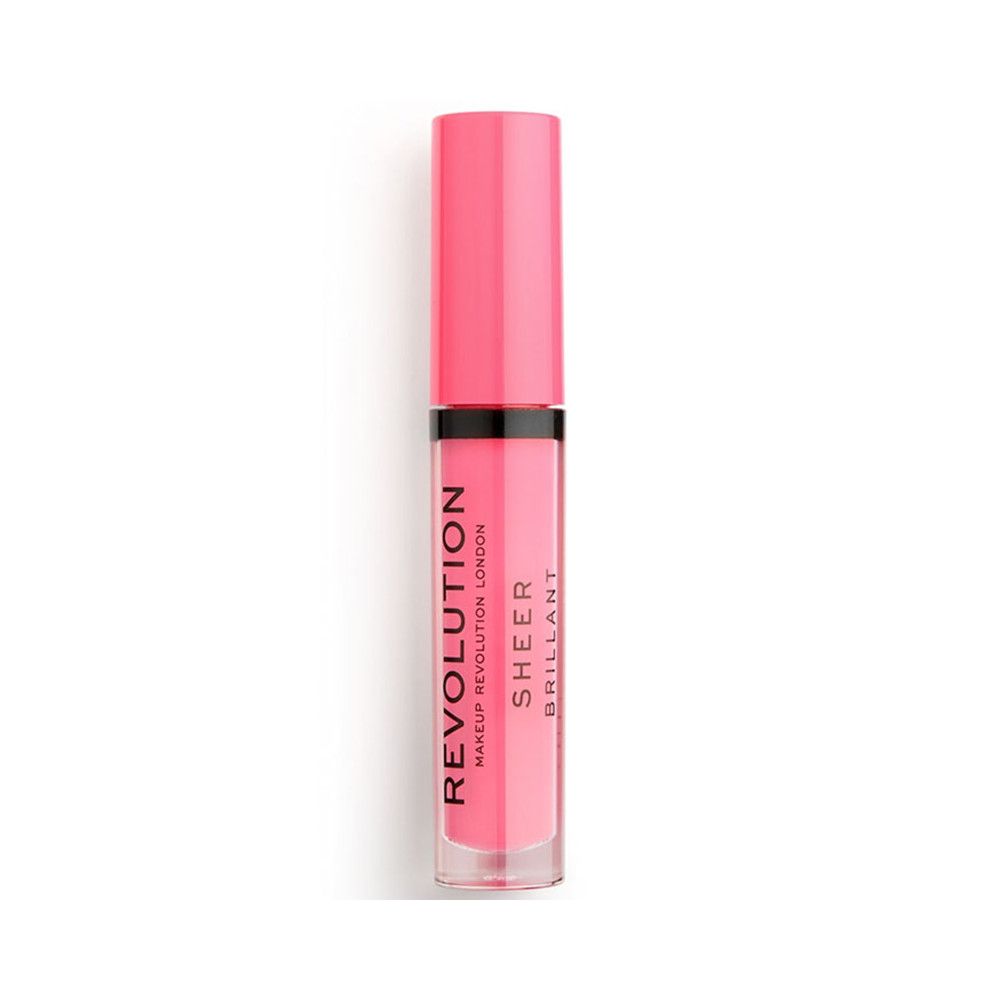 Geschlossenes Lipgloss-Fläschchen. Rosa Lipgloss mit rosa Deckel. Aufschrift: REVOLUTION, SHEER, BRILLANT.