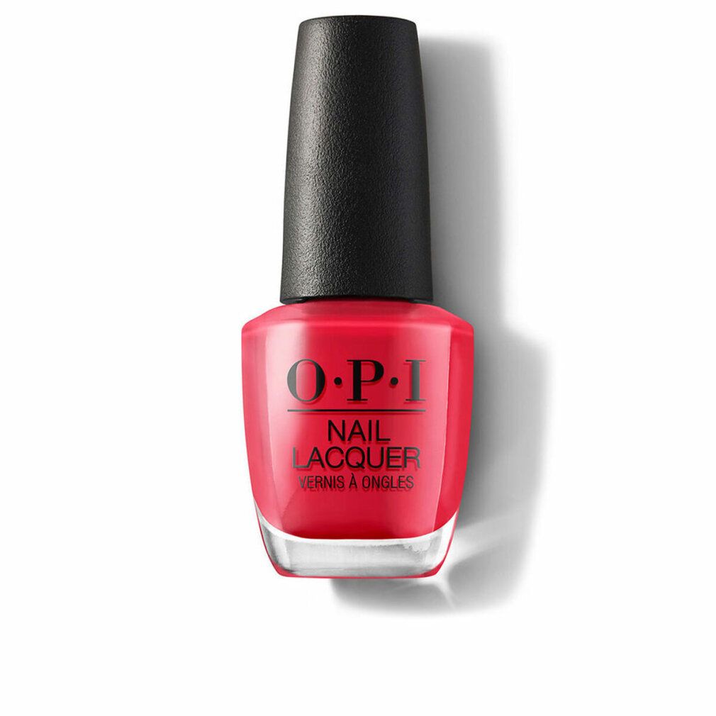 Nagellackflasche, rot, mit schwarzem Deckel. OPI-Logo und "Nail Lacquer"-Schriftzug.
