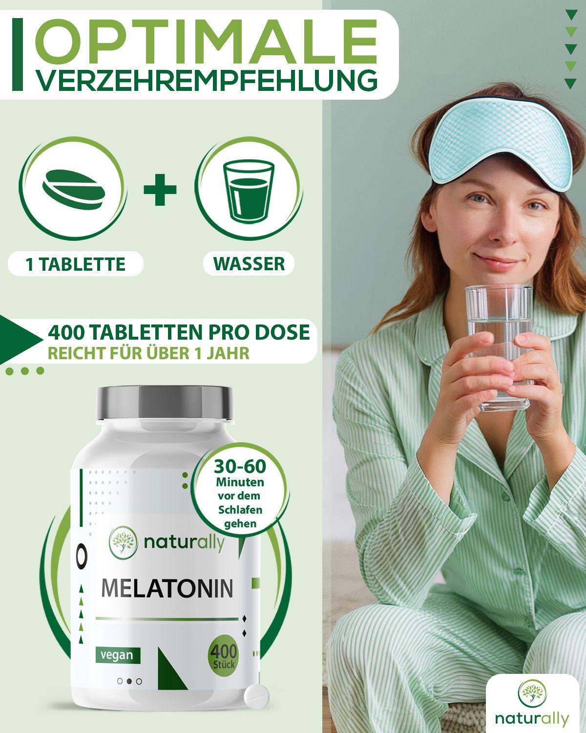 Frau mit Schlafmaske und Glas Wasser. Flasche "naturally Melatonin". Text: 1 Tablette + Wasser. 400 Tabletten pro Dosis. Einnahme: 30-60 Min. vor dem Schlaf.