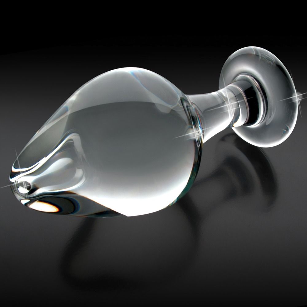 Glasplug mit breiter Basis und tropfenförmiger Spitze. Transparent und glänzend.