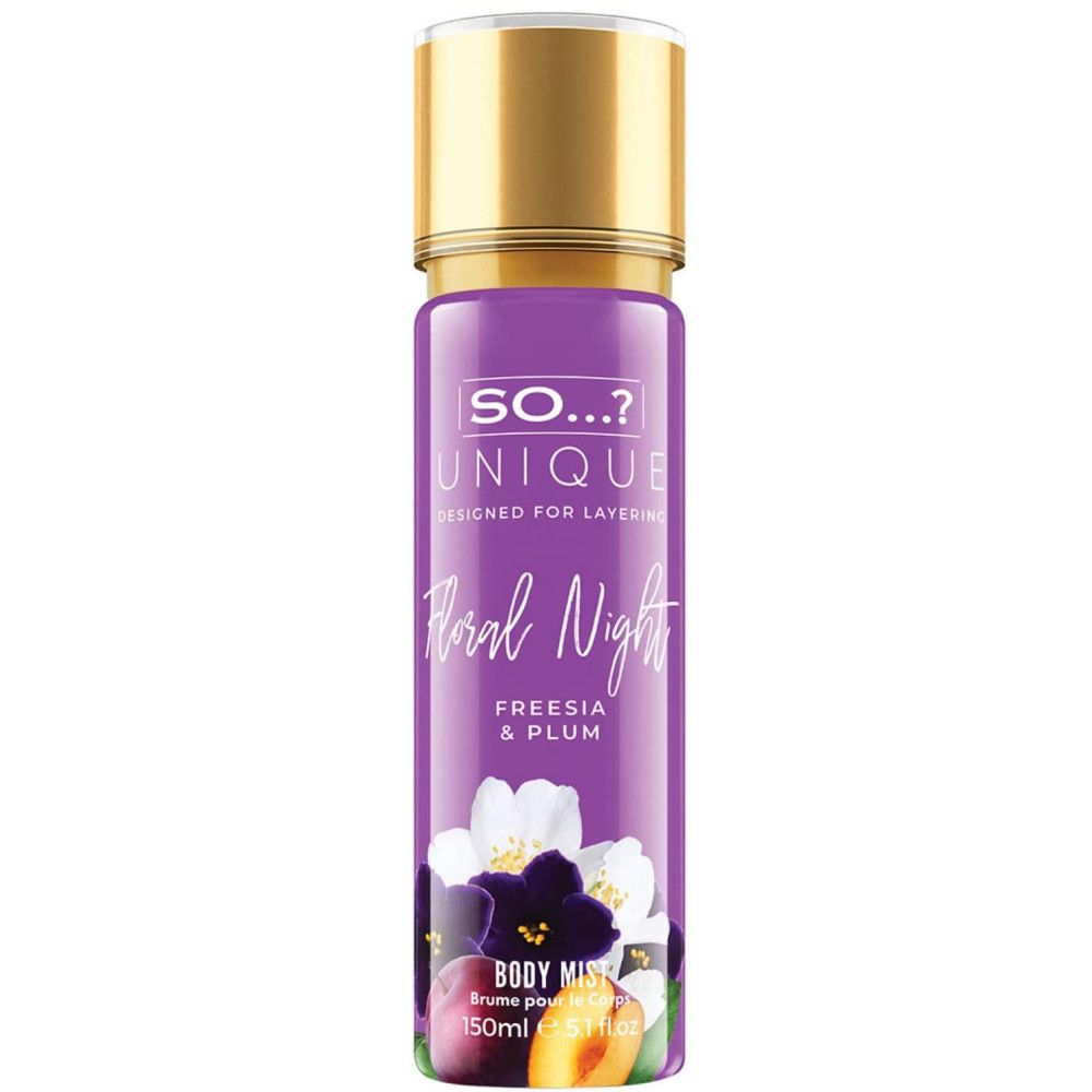 Lila Flasche mit goldfarbenem Deckel. Text: So...? Unique, Floral Night, Freesia & Plum. 150ml.