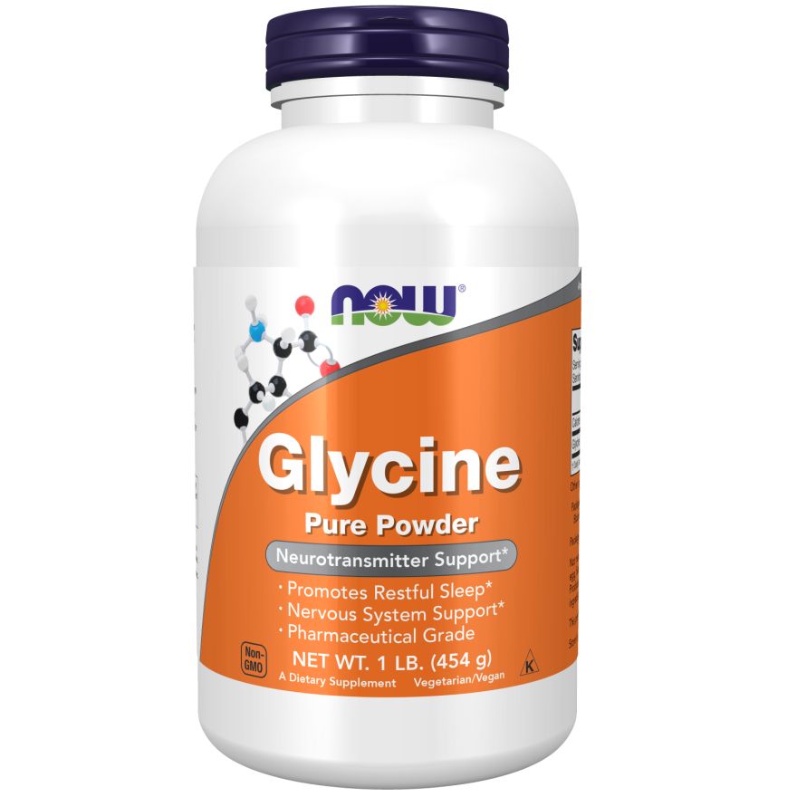 Weiße Dose mit blauem Deckel. Aufschrift: Glycine Pure Powder. Enthält Informationen zur Unterstützung des Nervensystems.