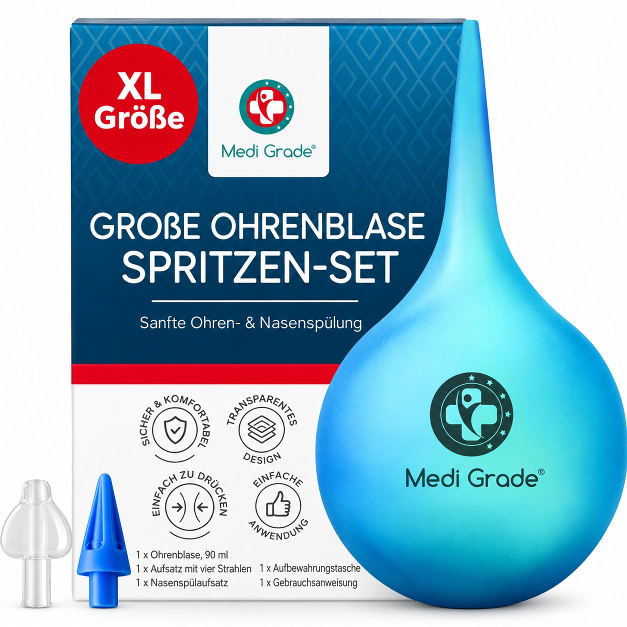 Drei verschiedene Nasenspülaufsätze: Glühbirne, Baby, Quad-Stream.