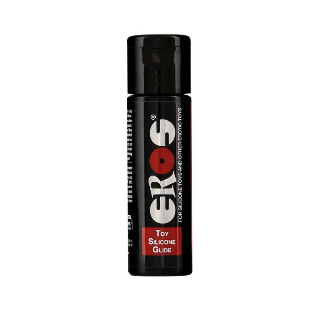 Schwarze Flasche mit Klappverschluss. Aufschrift "Eros" und "Toy Silicone Glide".