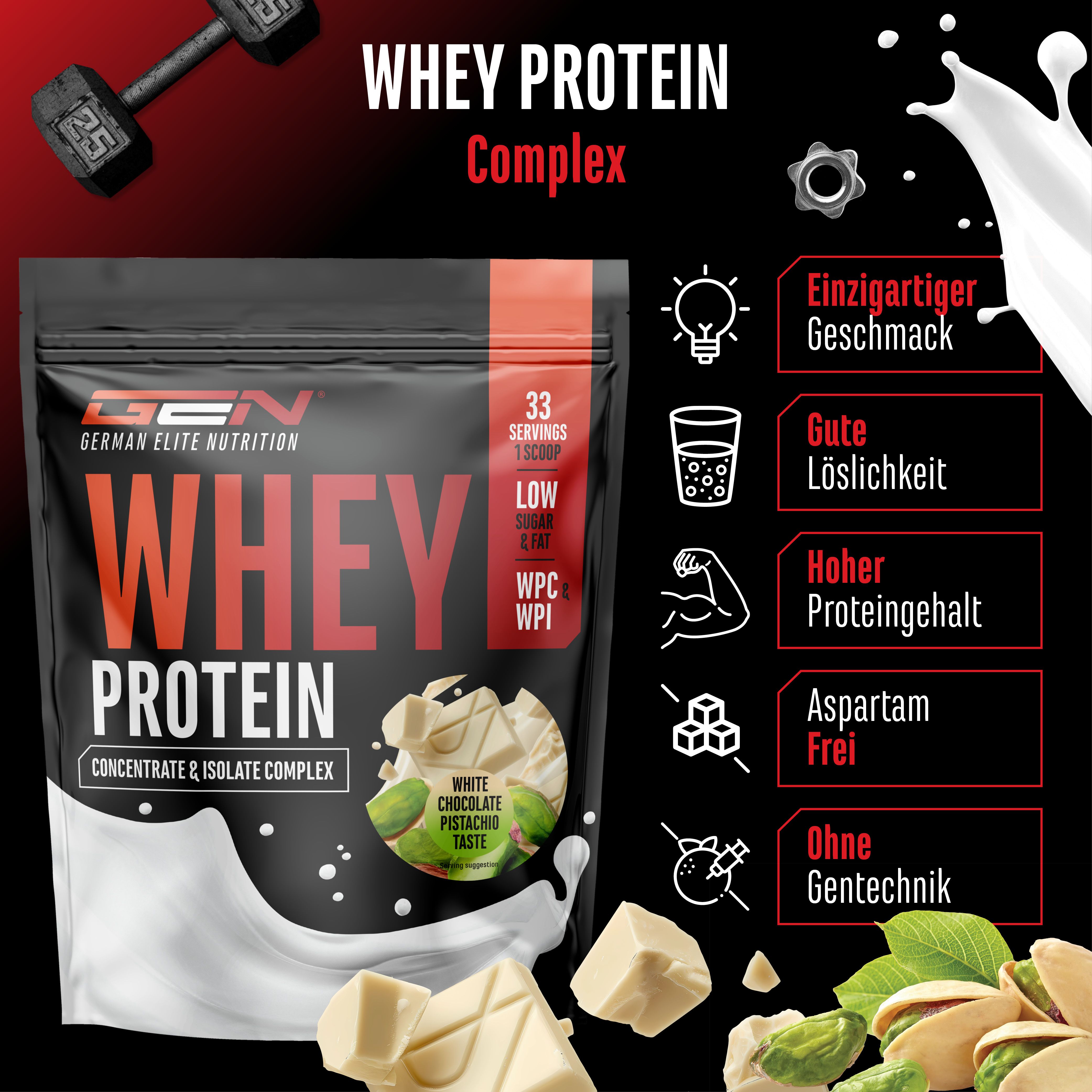 Schwarze Tüte mit GEN Whey Protein Komplex. Aufschrift: Whey Protein, Konzentrat & Isolat Komplex. 33 Portionen, Low Sugar & Fat, WPC & WPI. Ohne Gentechnik.