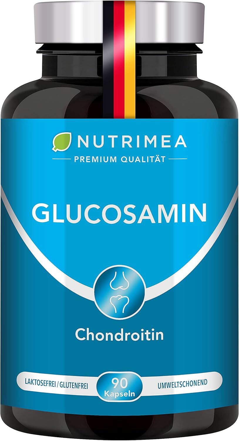 Produktflasche. Text: NUTRIEMEA. Glucosamin. Chondroitin. 90 Kapseln. Laktosefrei/Glutenfrei. Umweltfreundlich. Deutsches Fähnchen.