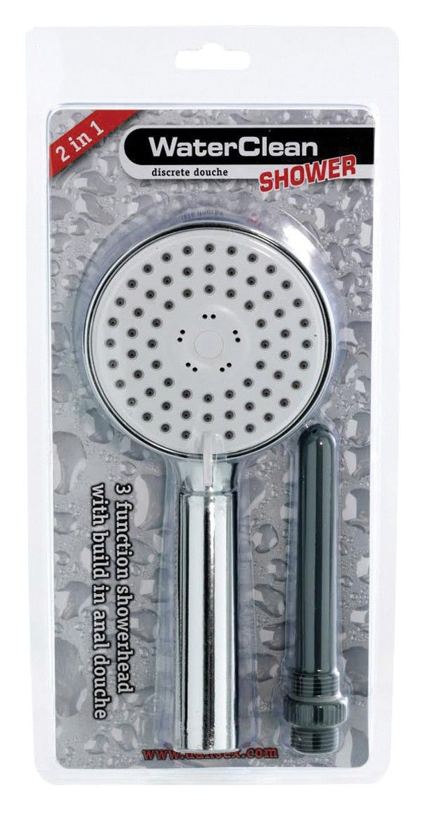WaterClean Duschkopf mit 3 Funktionen und Analbrause-Aufsatz in Blisterverpackung.