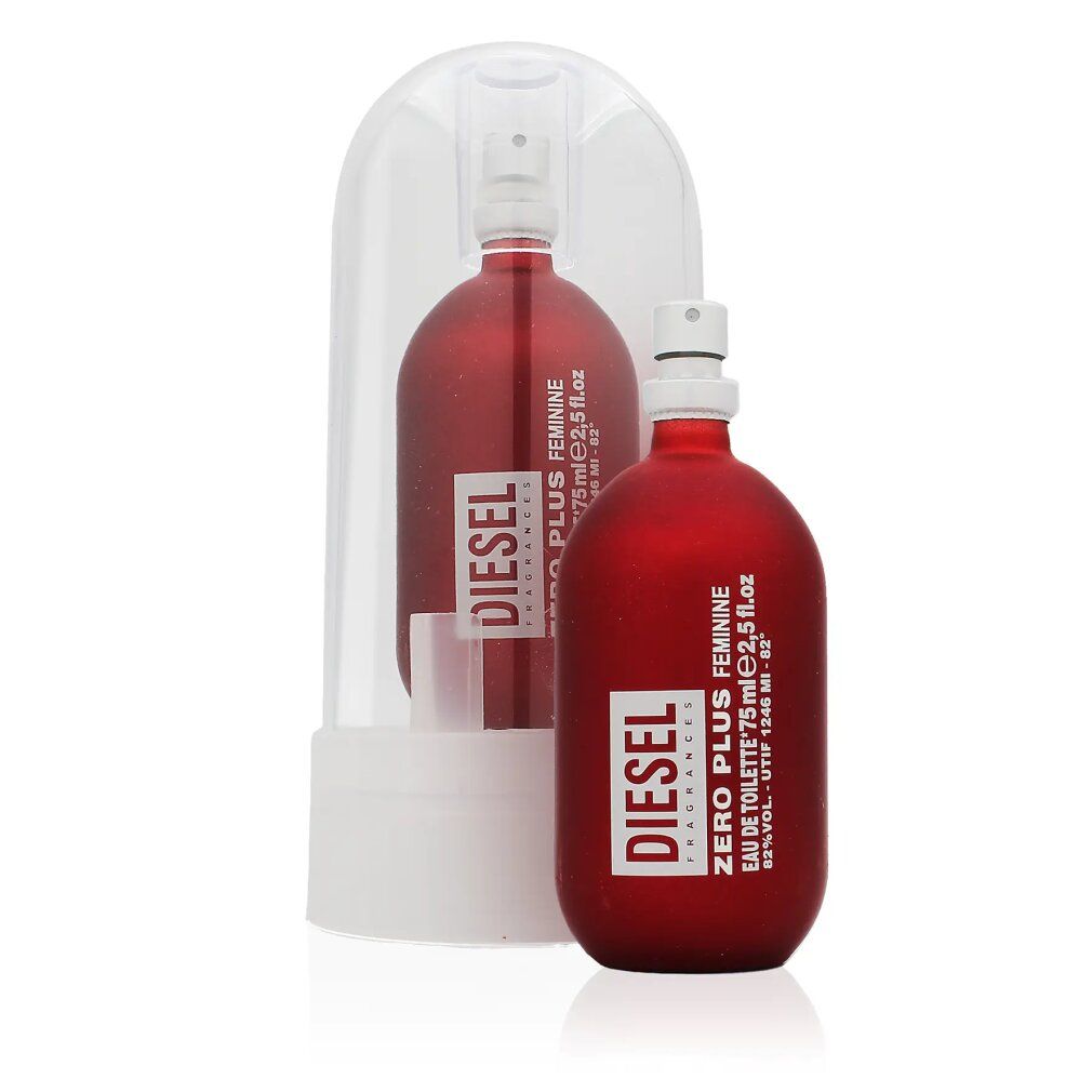 Zwei rote Flakons. Aufschrift: Diesel Zero Plus Feminine Eau de Toilette. 75 ml. Einer in Kuppel.