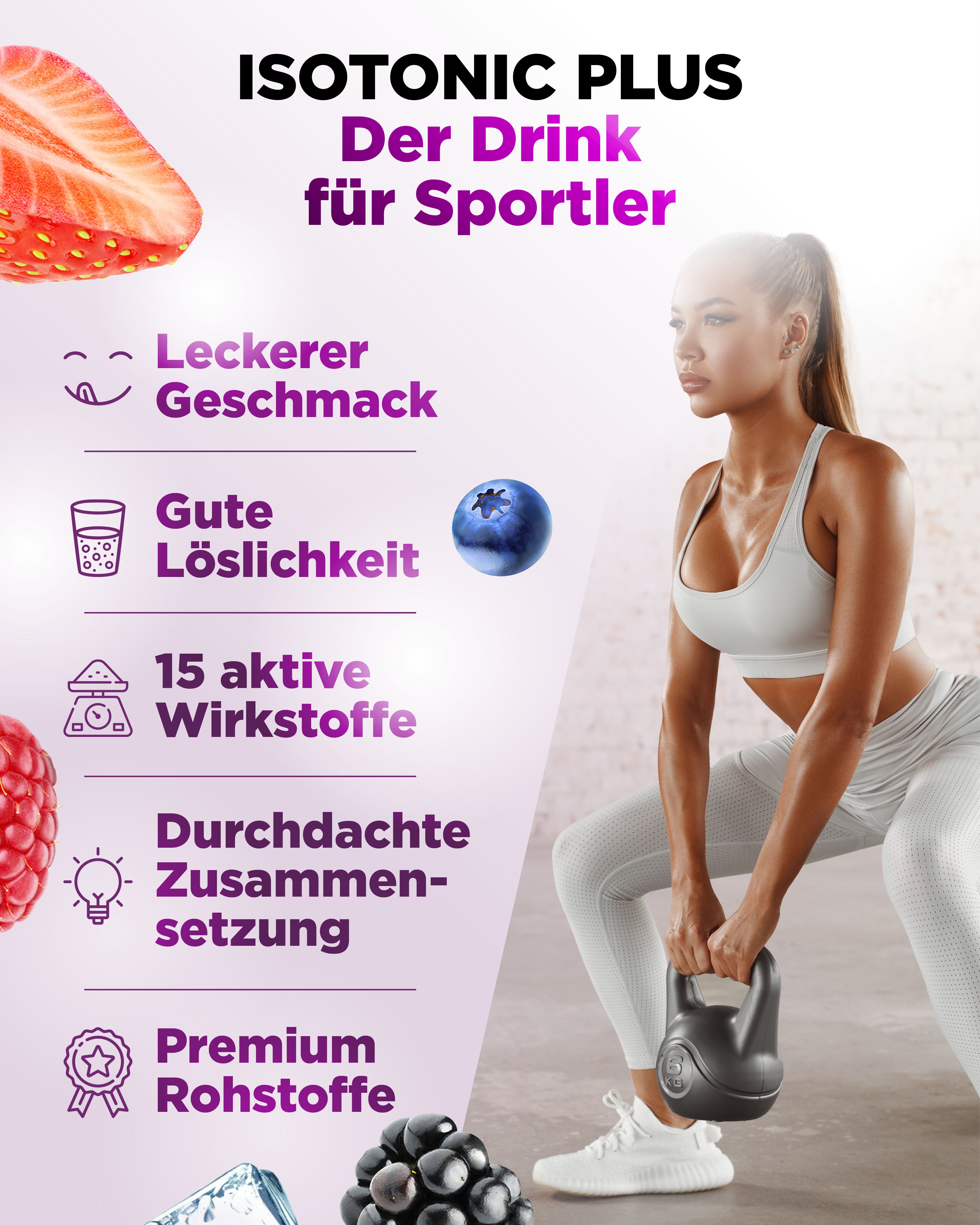 Frau beim Training mit Hantel. Text: Isotonic Plus, Der Drink für Sportler. Leckerer Geschmack, gute Löslichkeit, 15 aktive Wirkstoffe, durchdachte Zusammensetzung.
