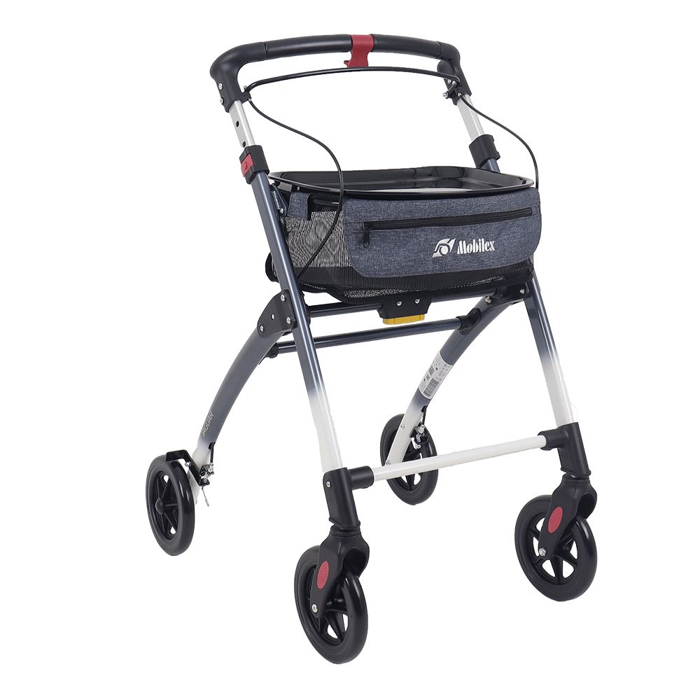 Rollator mit vier Rädern, grau-weißem Rahmen, schwarzem Korb und Griffen. Marke Mobilex.