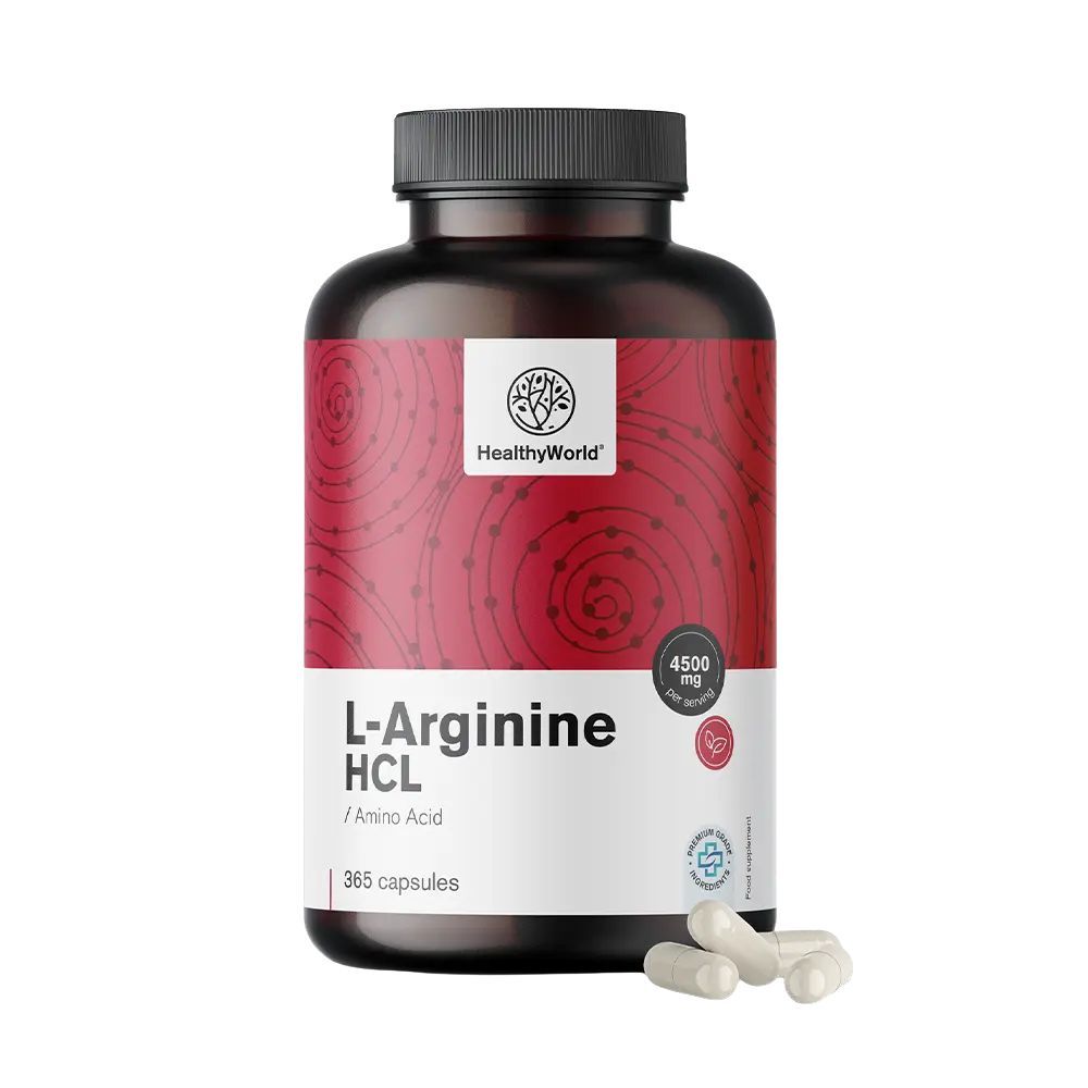 Braune Flasche mit schwarzen Deckel. Aufschrift: L-Arginine HCL, 4500 mg, 365 Kapseln. Weiße Kapseln liegen daneben.